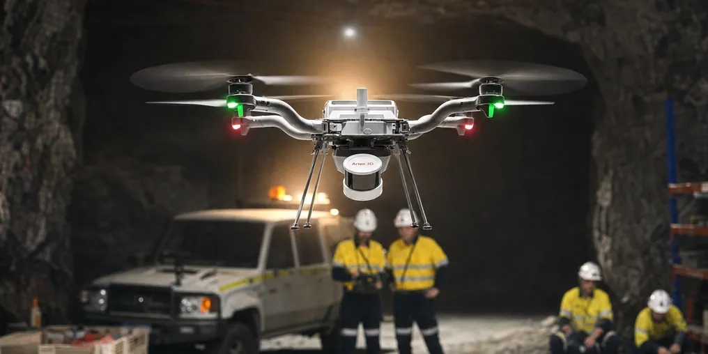 Artec Jet mounted on a drone flying an underground mine drive while the crew watches from a safe distance